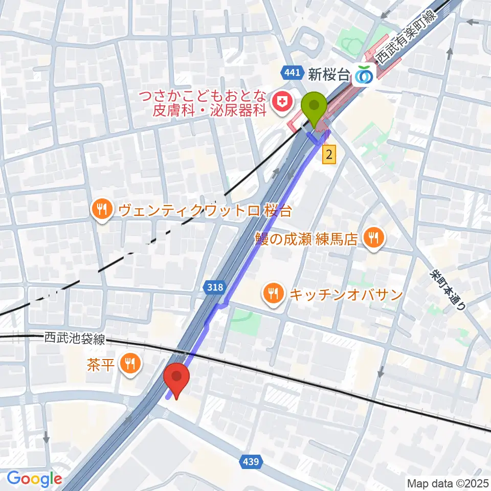 音楽教室ふわり 桜台校の最寄駅新桜台駅からの徒歩ルート（約5分）地図