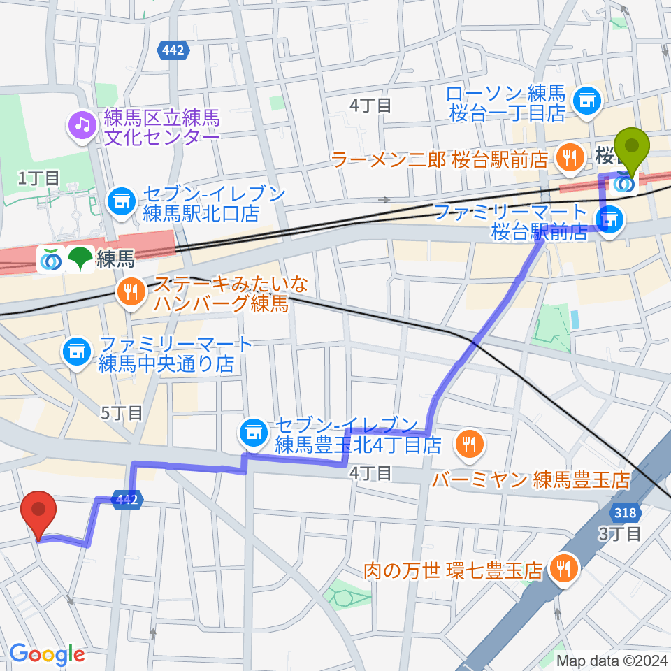 桜台駅からスタジオHappyBoxへのルートマップ地図