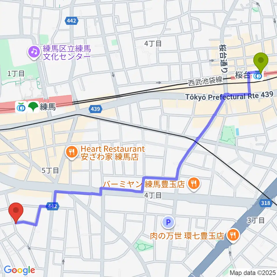 桜台駅からスタジオHappyBoxへのルートマップ地図