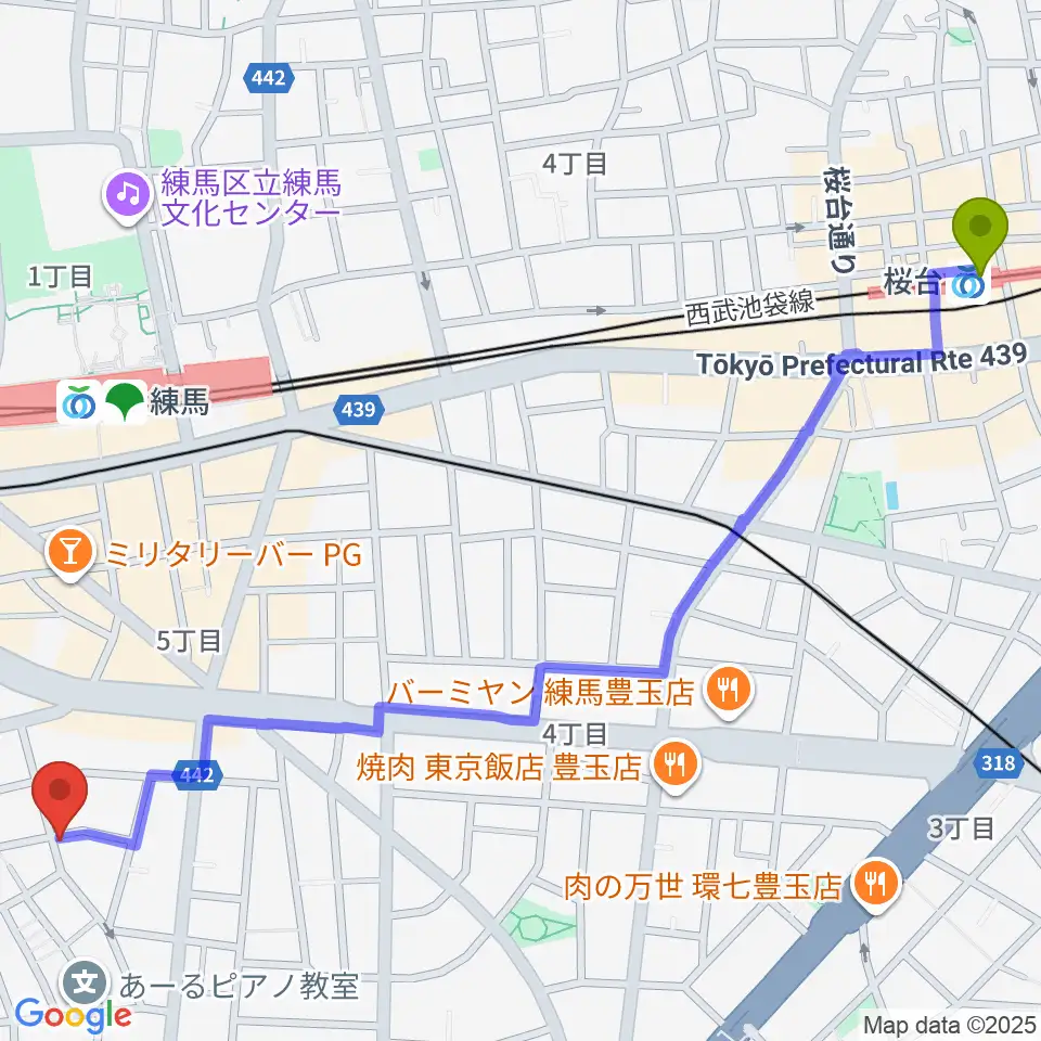 桜台駅からスタジオHappyBoxへのルートマップ地図