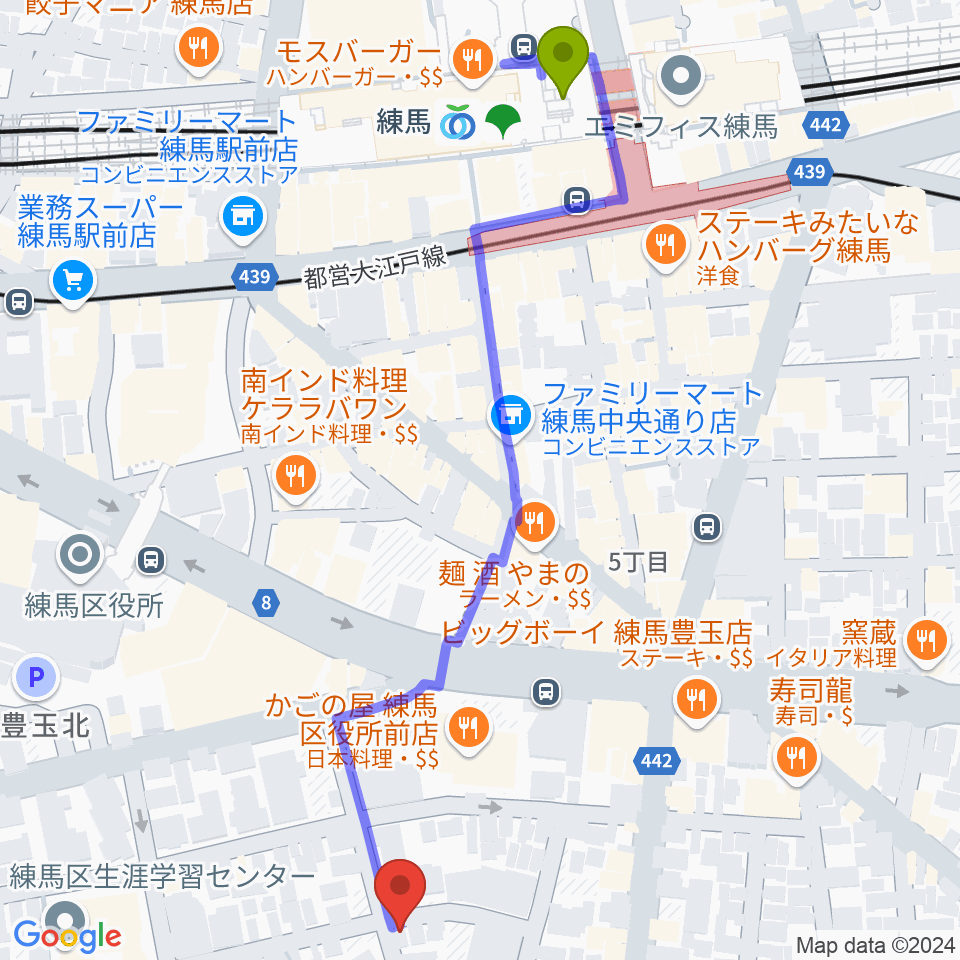 スタジオHappyBoxの最寄駅練馬駅からの徒歩ルート（約7分）地図