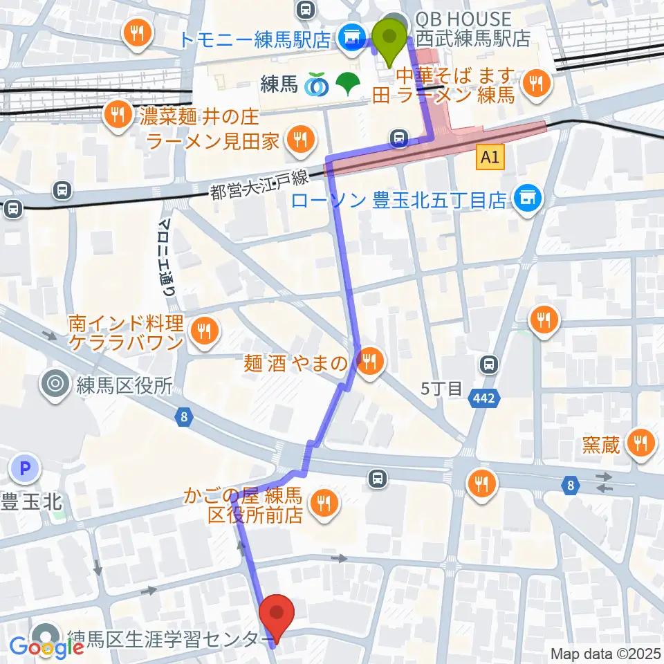 スタジオHappyBoxの最寄駅練馬駅からの徒歩ルート（約7分）地図
