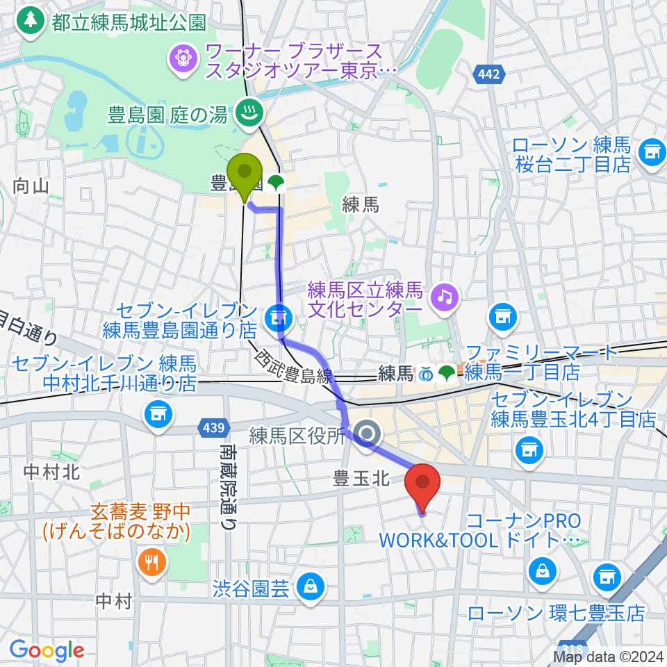 豊島園駅からスタジオHappyBoxへのルートマップ地図