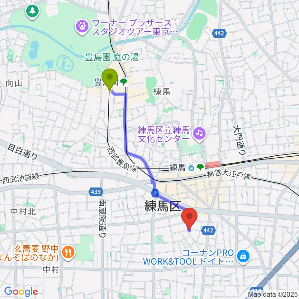豊島園駅からスタジオHappyBoxへのルートマップ地図