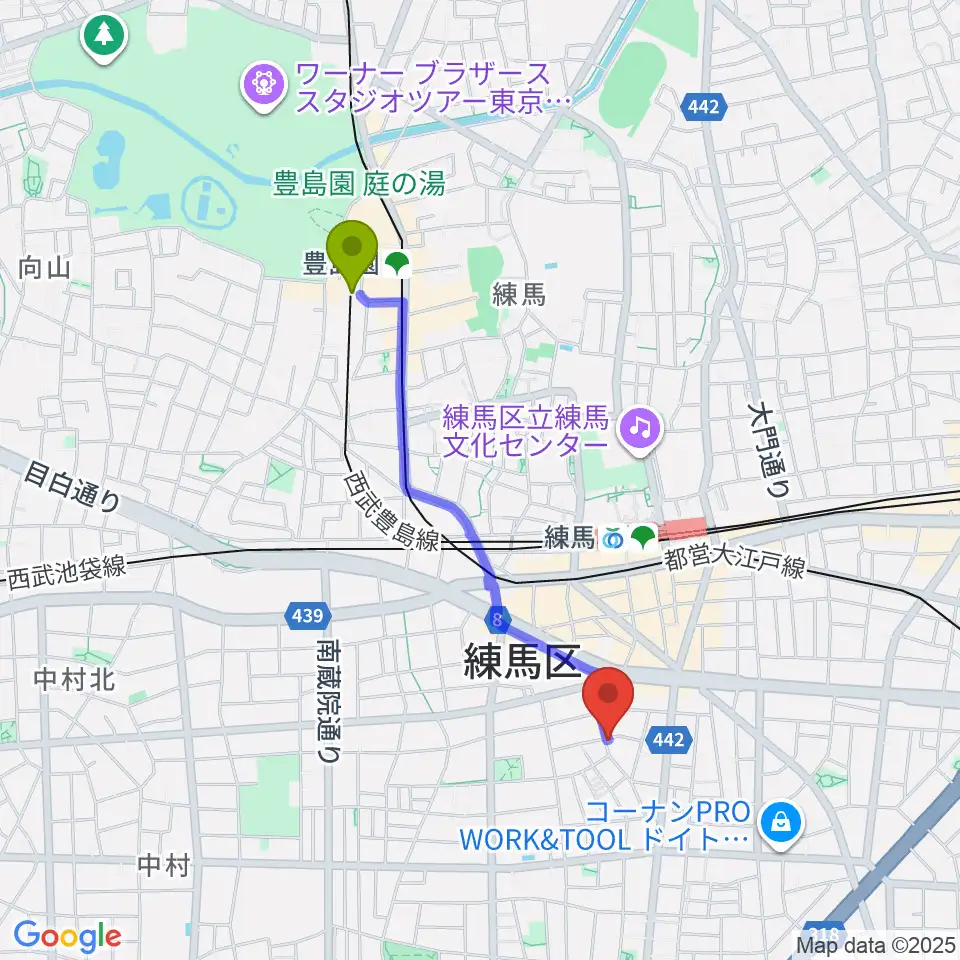 豊島園駅からスタジオHappyBoxへのルートマップ地図