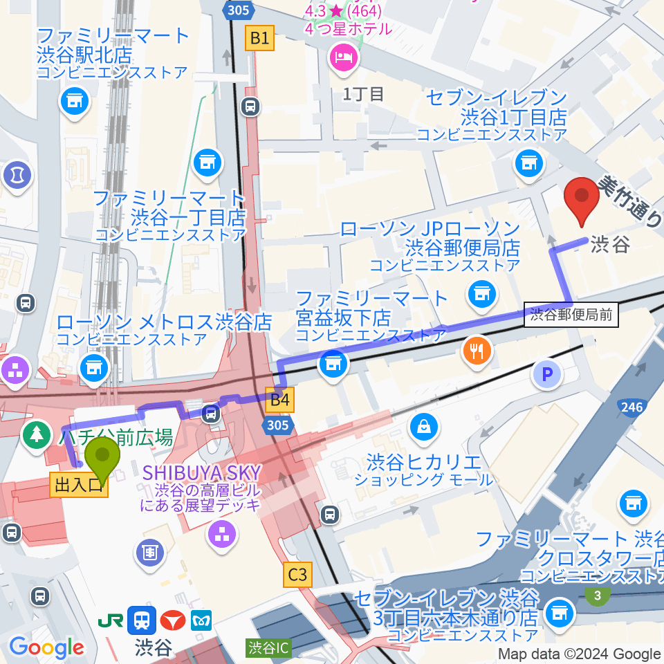 宮益坂十間スタジオの最寄駅渋谷駅からの徒歩ルート（約6分）地図