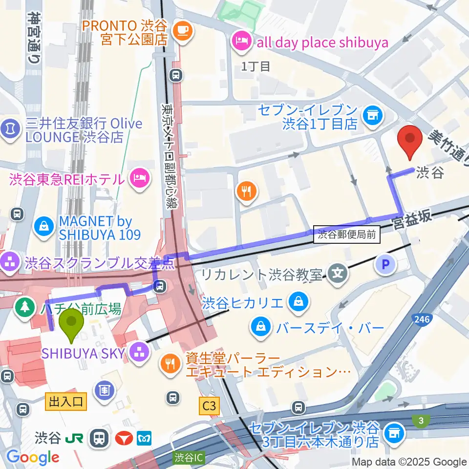宮益坂十間スタジオの最寄駅渋谷駅からの徒歩ルート（約6分）地図