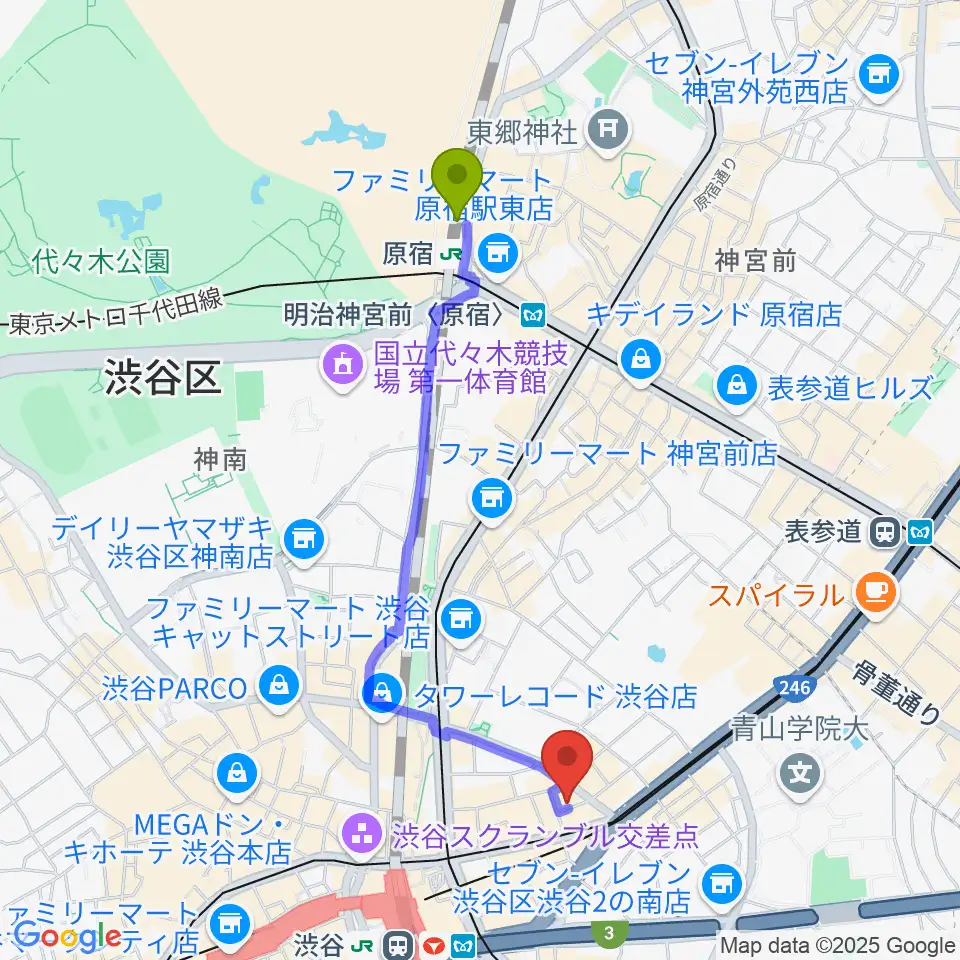 原宿駅から宮益坂十間スタジオへのルートマップ地図