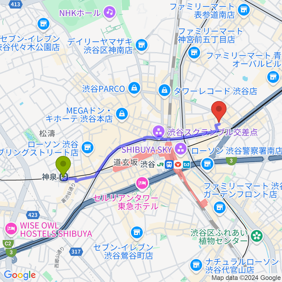 神泉駅から宮益坂十間スタジオへのルートマップ地図