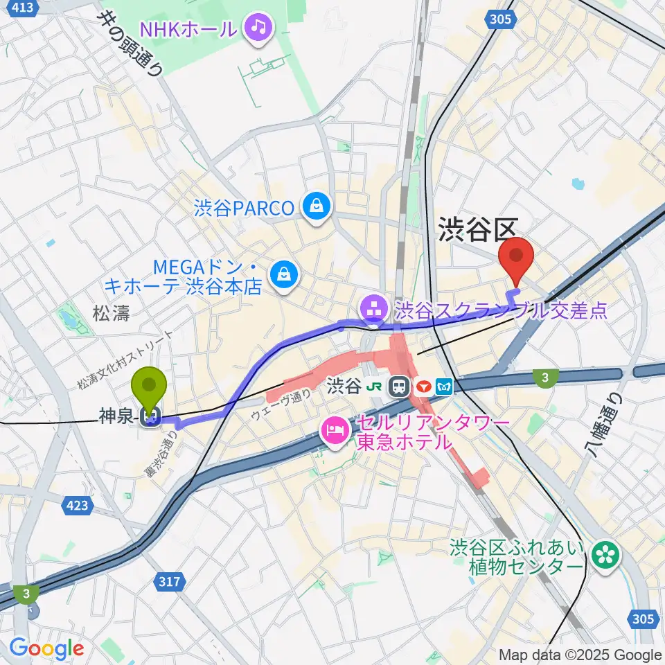 神泉駅から宮益坂十間スタジオへのルートマップ地図