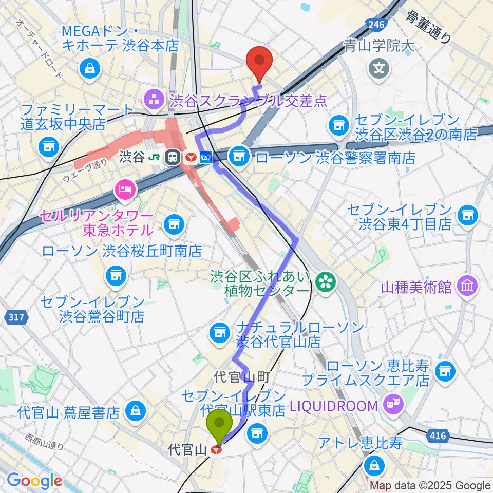 代官山駅から宮益坂十間スタジオへのルートマップ地図