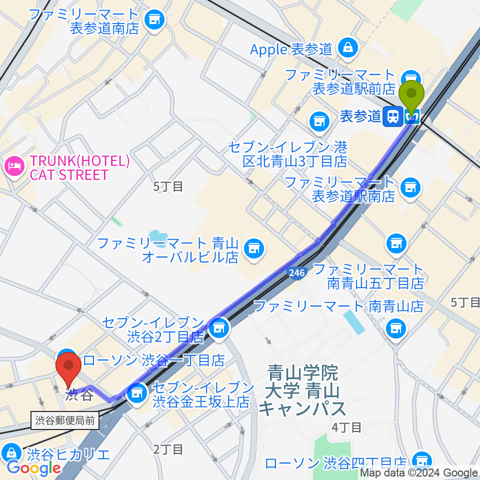 表参道駅から宮益坂十間スタジオへのルートマップ地図