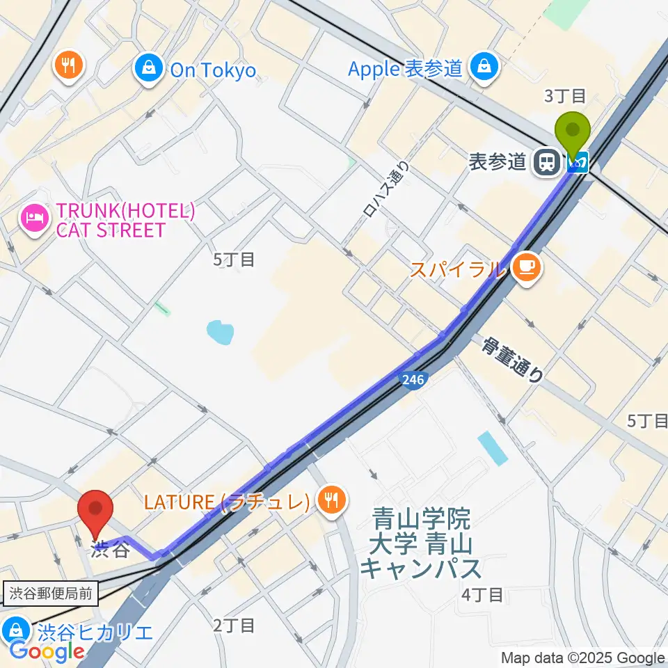 表参道駅から宮益坂十間スタジオへのルートマップ地図