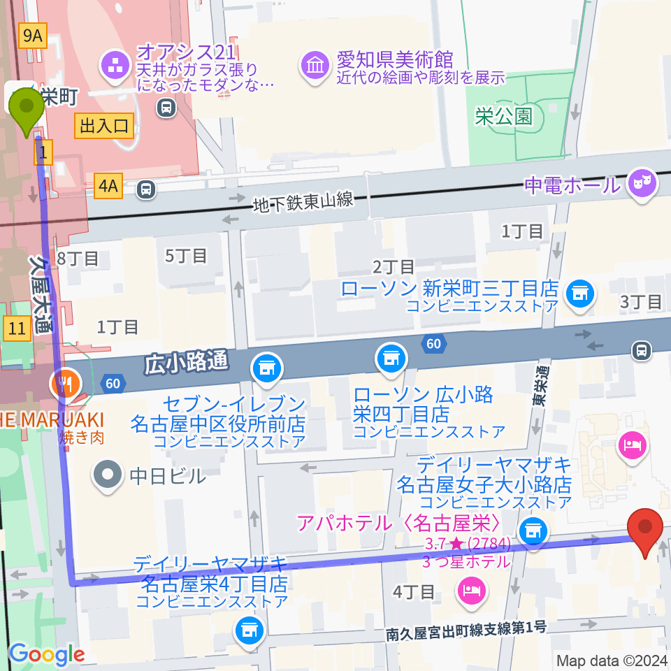 名古屋栄CIRCUSの最寄駅栄町駅からの徒歩ルート（約9分）地図