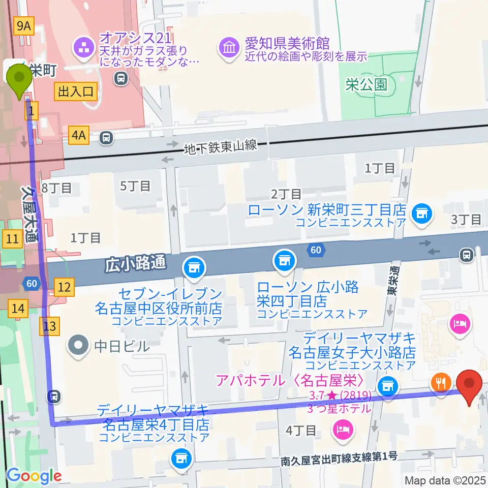 名古屋栄CIRCUSの最寄駅栄町駅からの徒歩ルート（約9分）地図