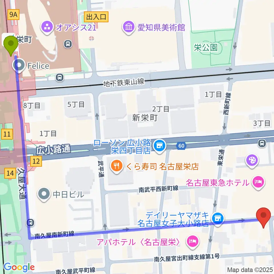 名古屋栄CIRCUSの最寄駅栄町駅からの徒歩ルート（約9分）地図