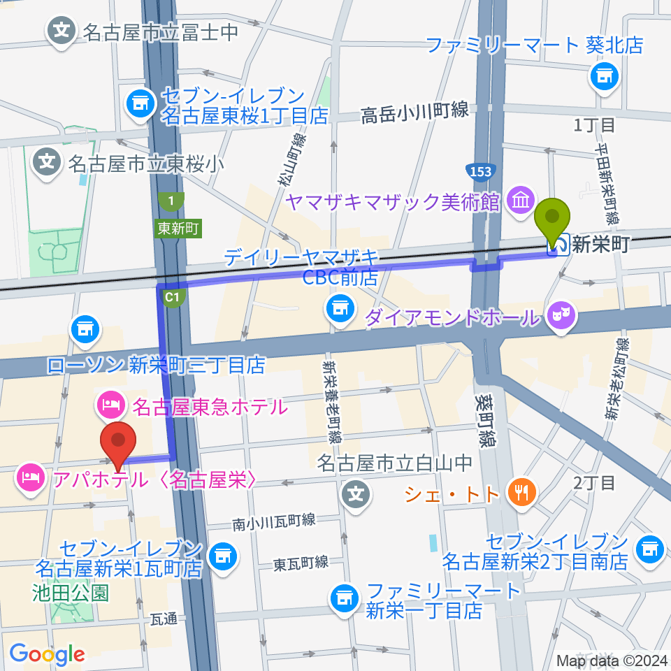 新栄町駅から名古屋栄CIRCUSへのルートマップ地図