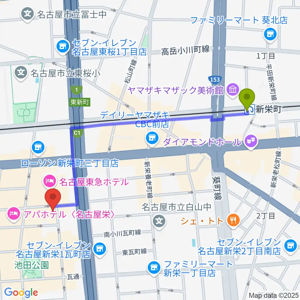 新栄町駅から名古屋栄CIRCUSへのルートマップ地図