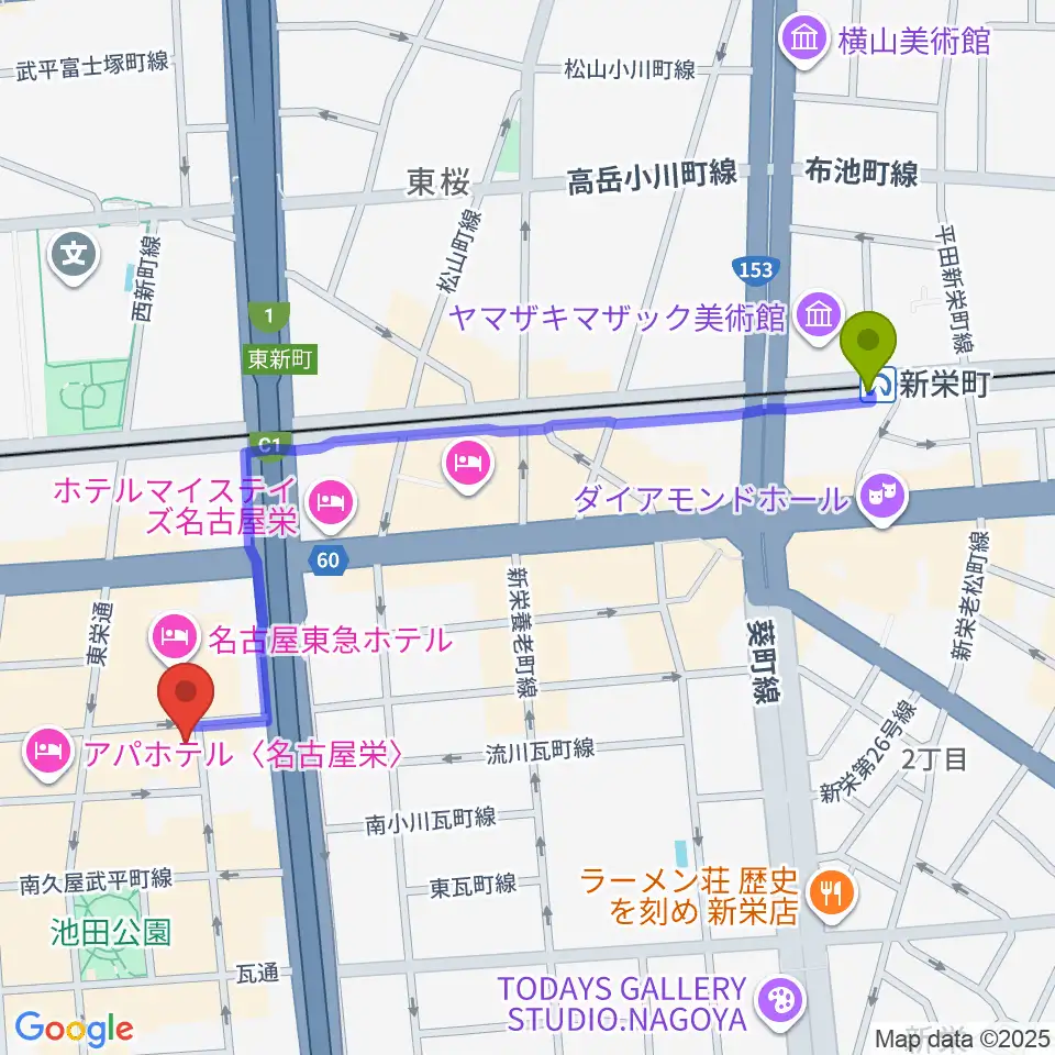 新栄町駅から名古屋栄CIRCUSへのルートマップ地図