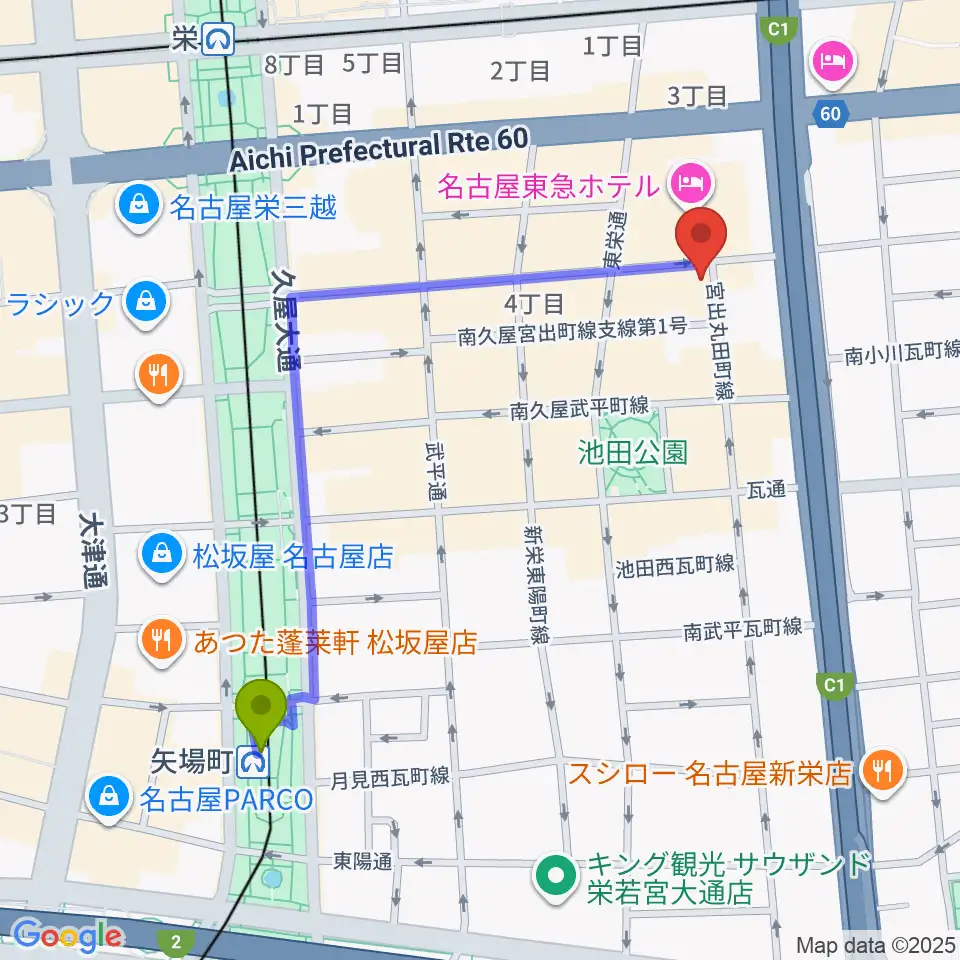 矢場町駅から名古屋栄CIRCUSへのルートマップ地図