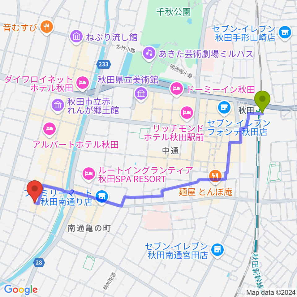 K-studioの最寄駅秋田駅からの徒歩ルート（約24分）地図