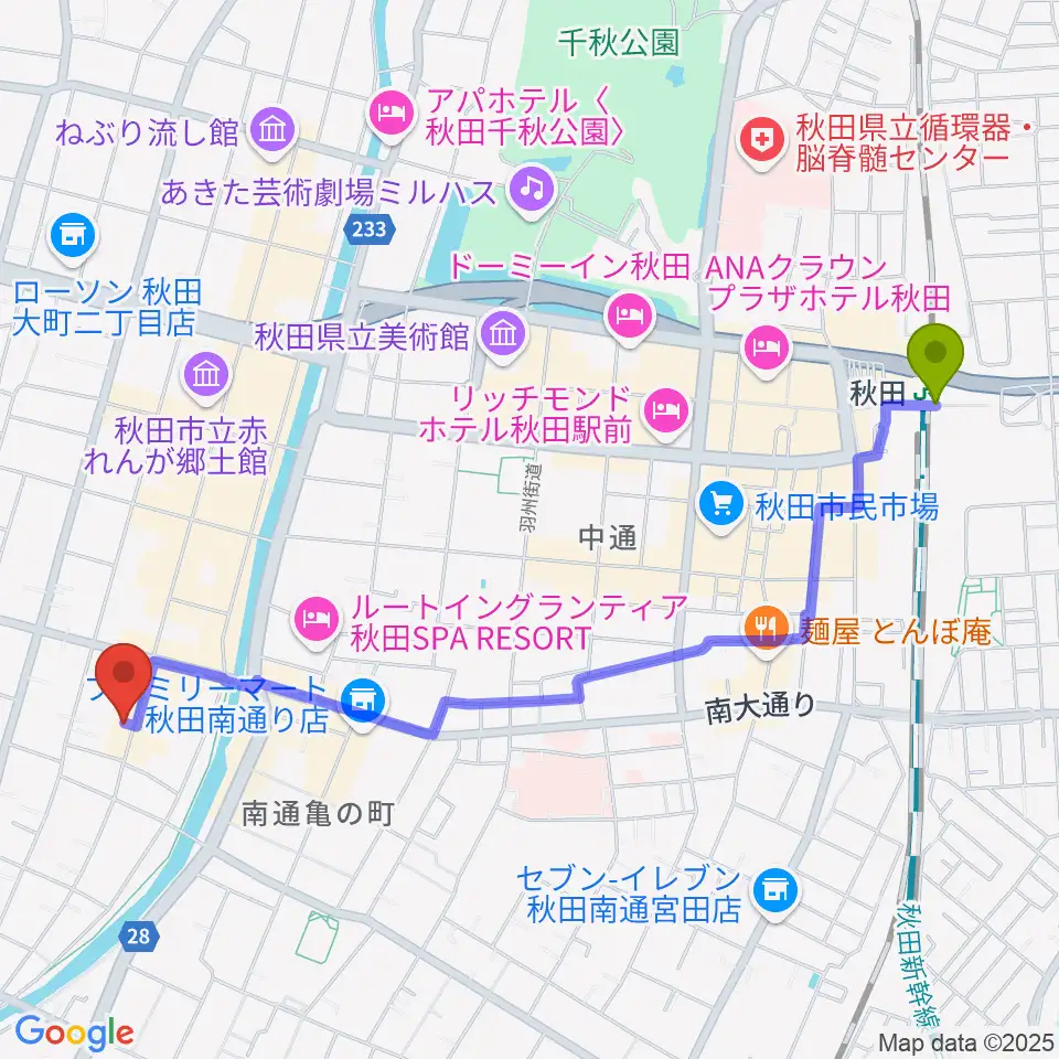 K-studioの最寄駅秋田駅からの徒歩ルート（約24分）地図