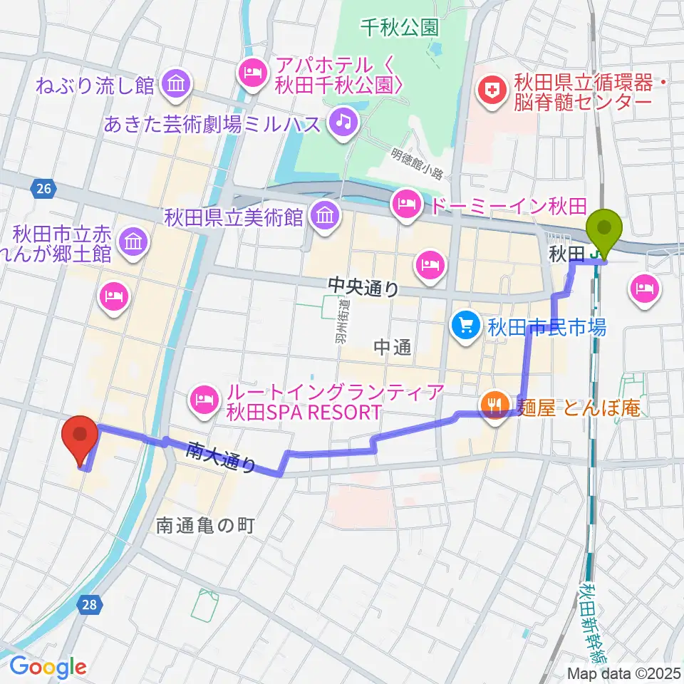 K-studioの最寄駅秋田駅からの徒歩ルート（約24分）地図