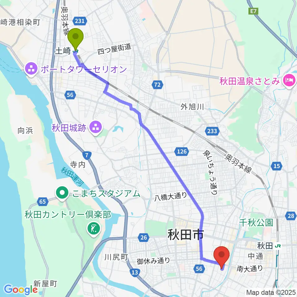 土崎駅からK-studioへのルートマップ地図