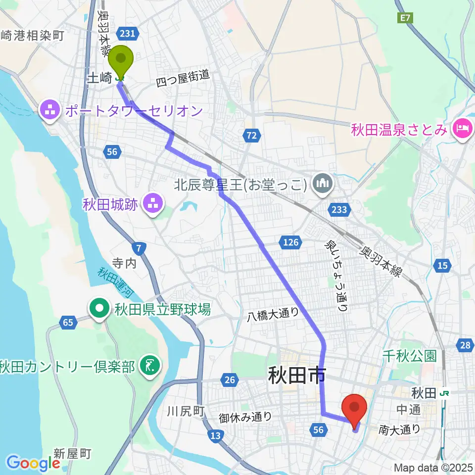 土崎駅からK-studioへのルートマップ地図