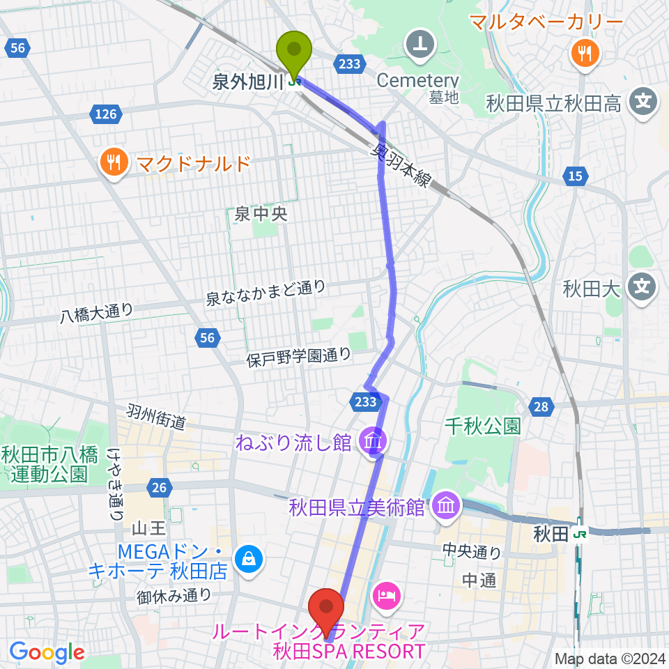 泉外旭川駅からK-studioへのルートマップ地図