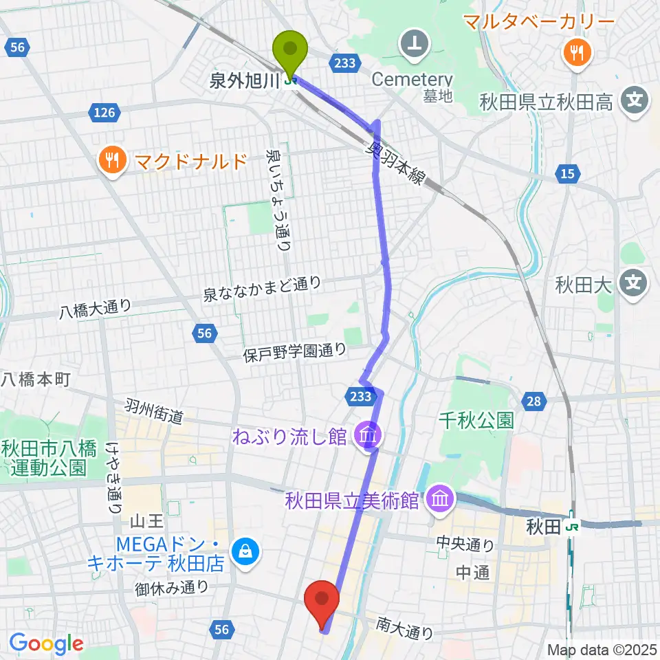 泉外旭川駅からK-studioへのルートマップ地図