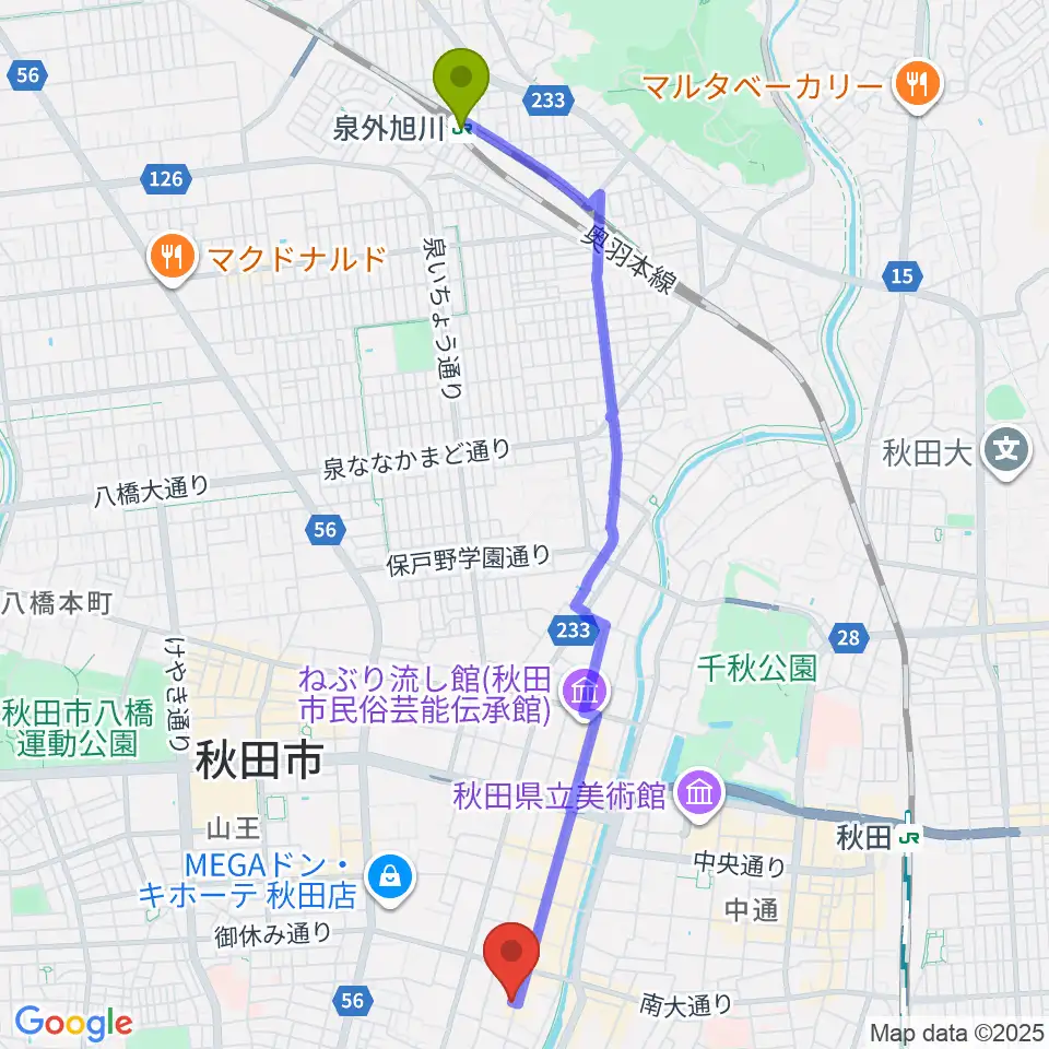 泉外旭川駅からK-studioへのルートマップ地図
