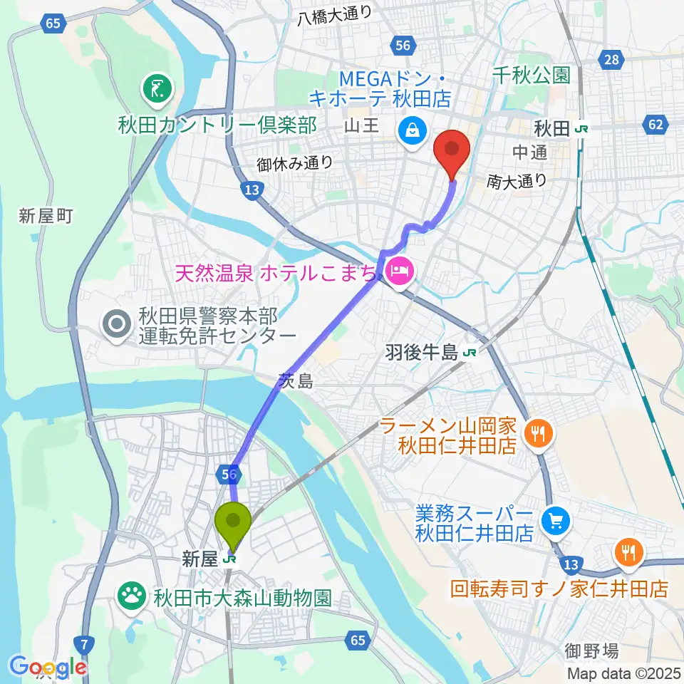 新屋駅からK-studioへのルートマップ地図