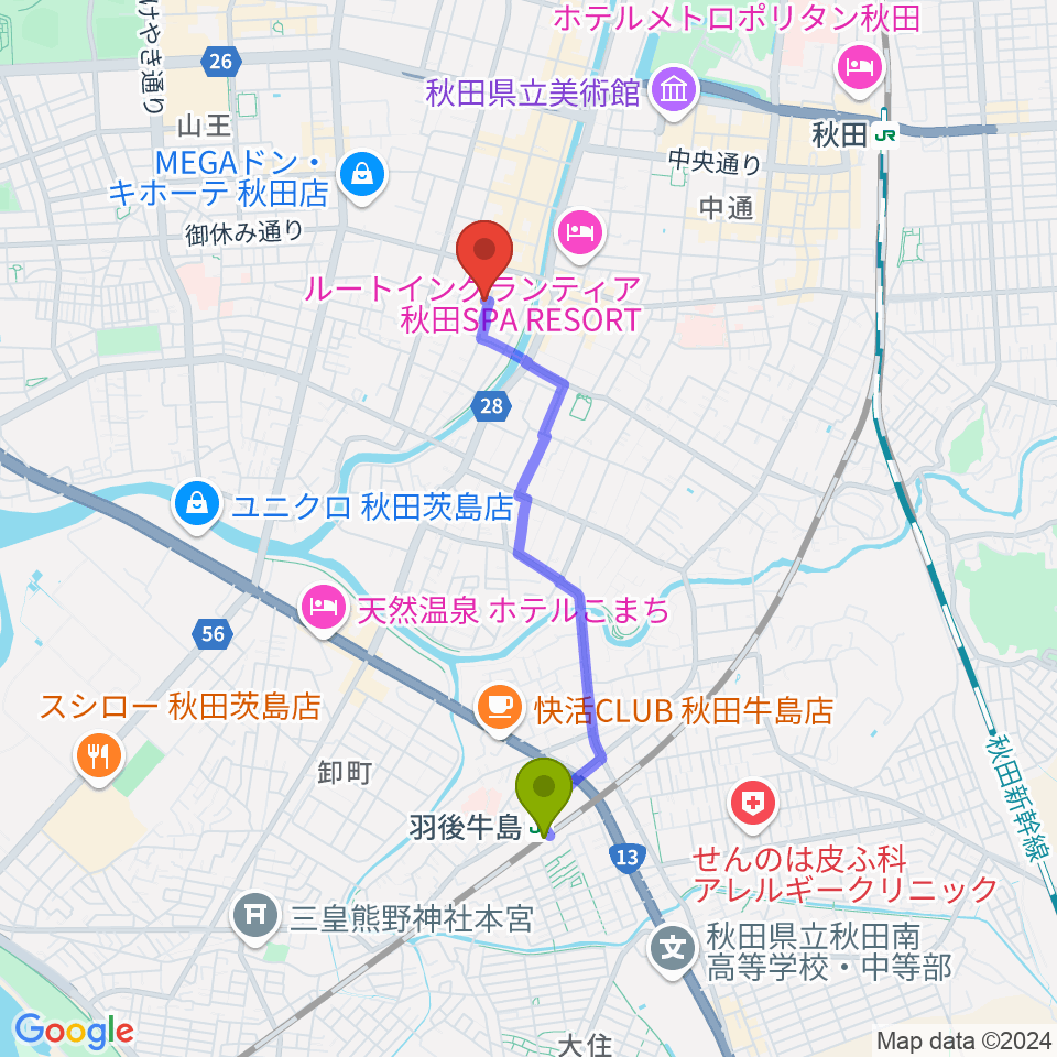 羽後牛島駅からK-studioへのルートマップ地図