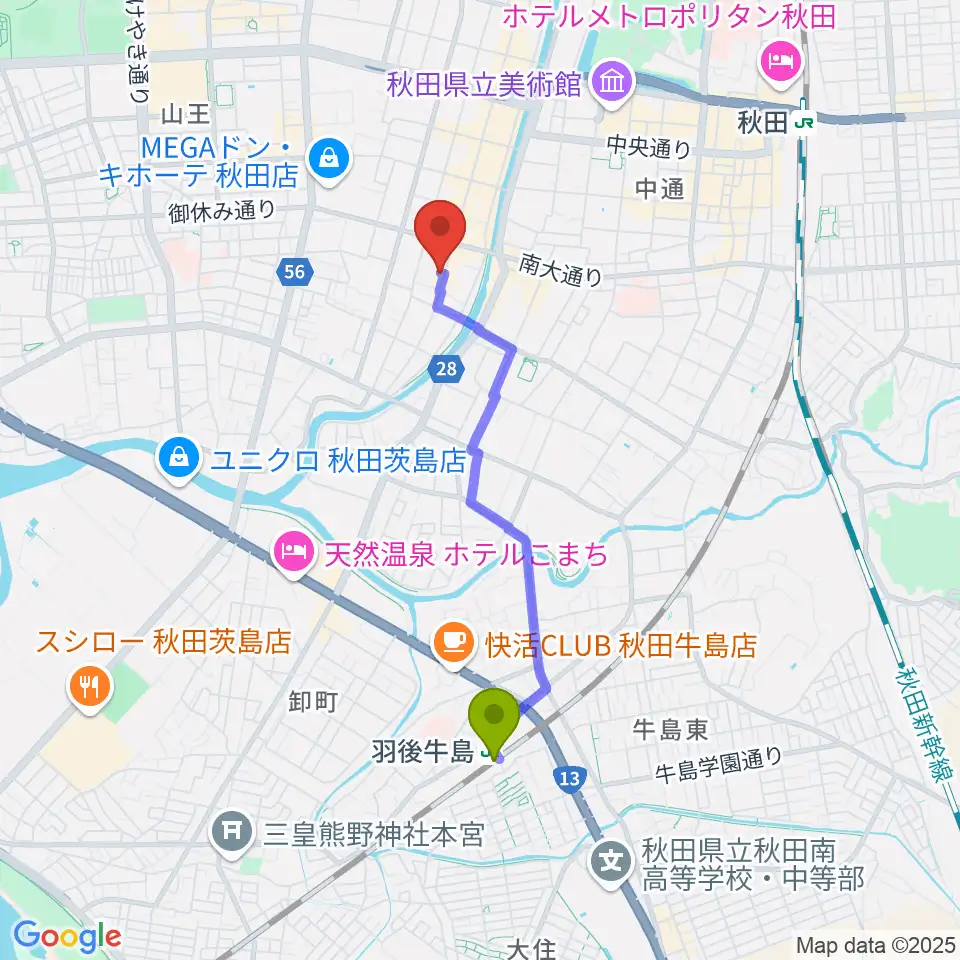 羽後牛島駅からK-studioへのルートマップ地図