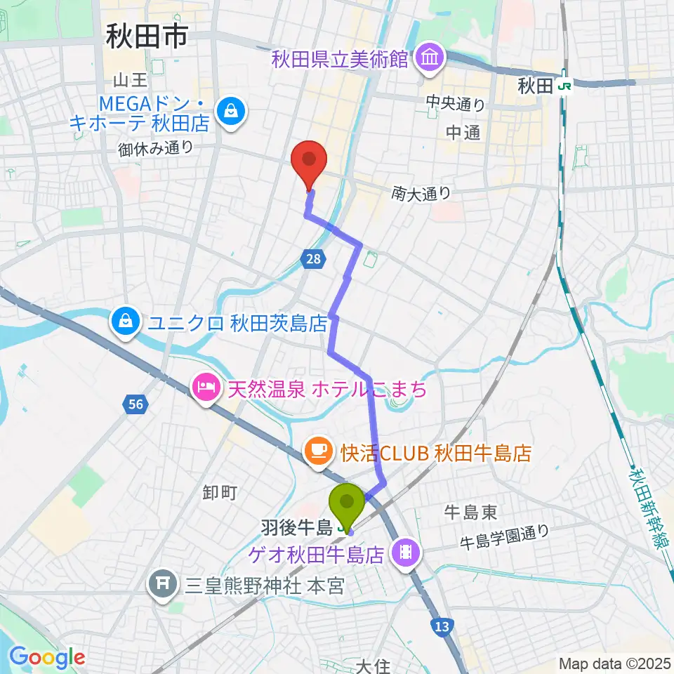 羽後牛島駅からK-studioへのルートマップ地図