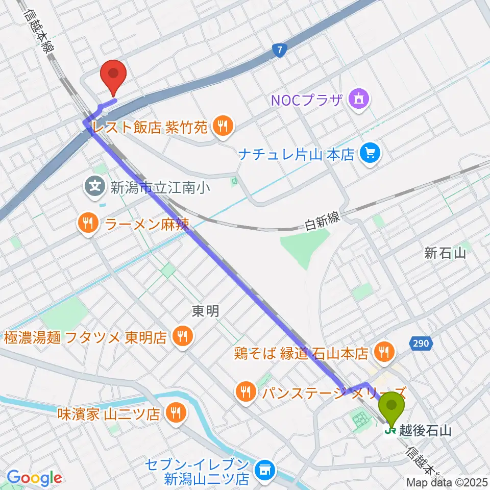 STB Studioの最寄駅越後石山駅からの徒歩ルート（約27分）地図