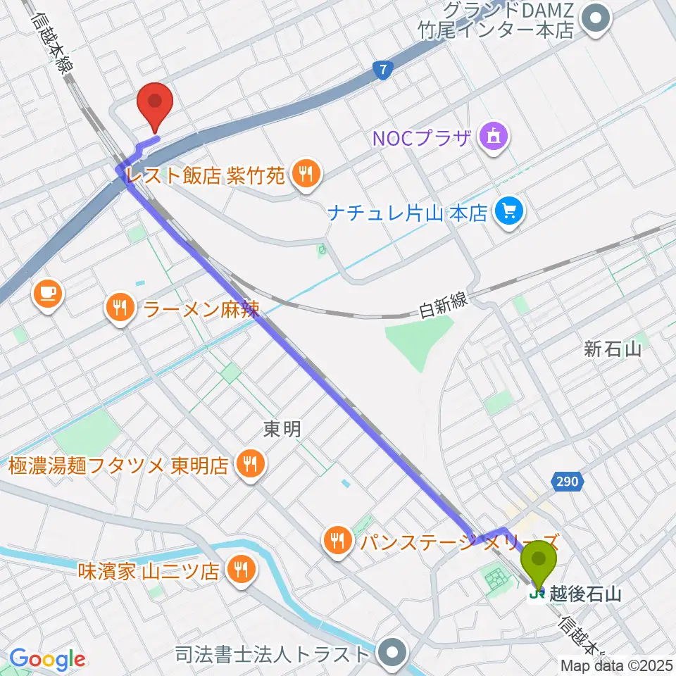 STB Studioの最寄駅越後石山駅からの徒歩ルート（約27分）地図