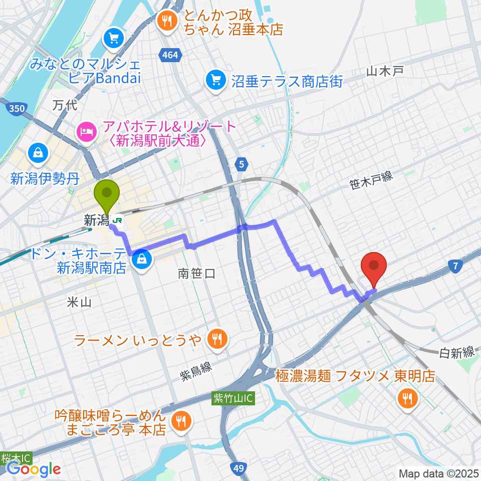 新潟駅からSTB Studioへのルートマップ地図