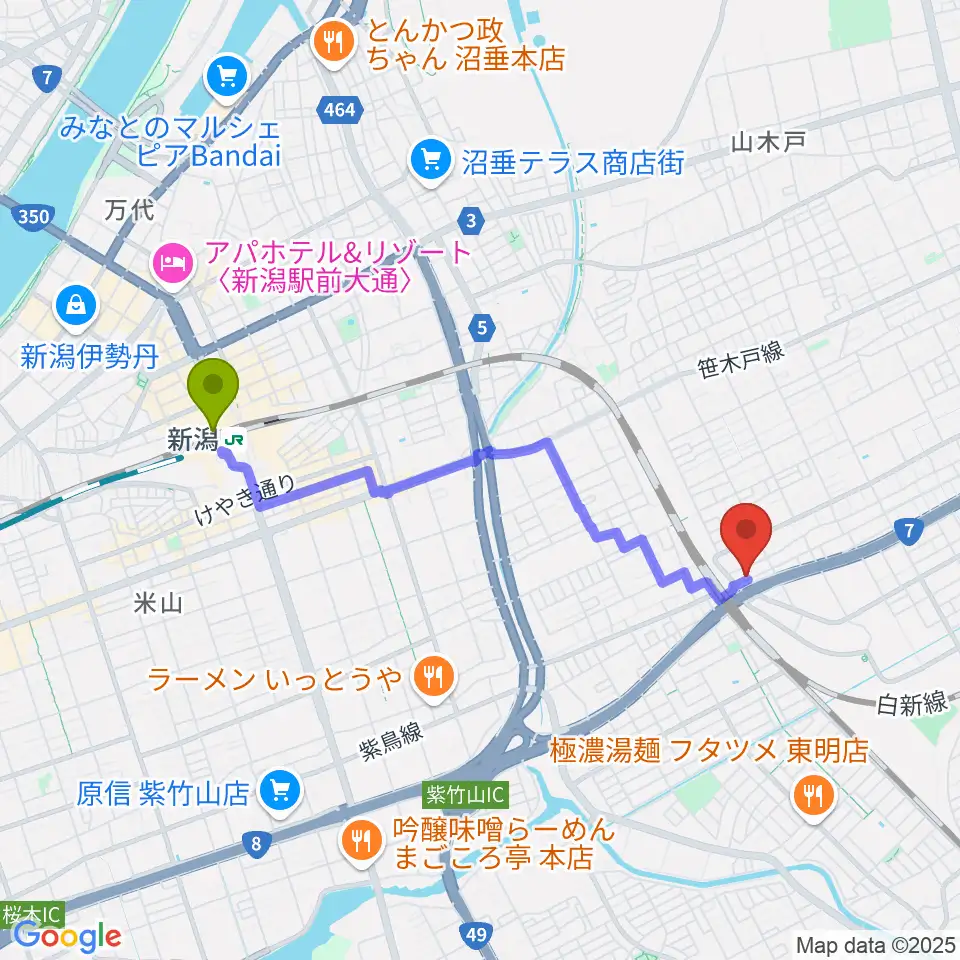 新潟駅からSTB Studioへのルートマップ地図