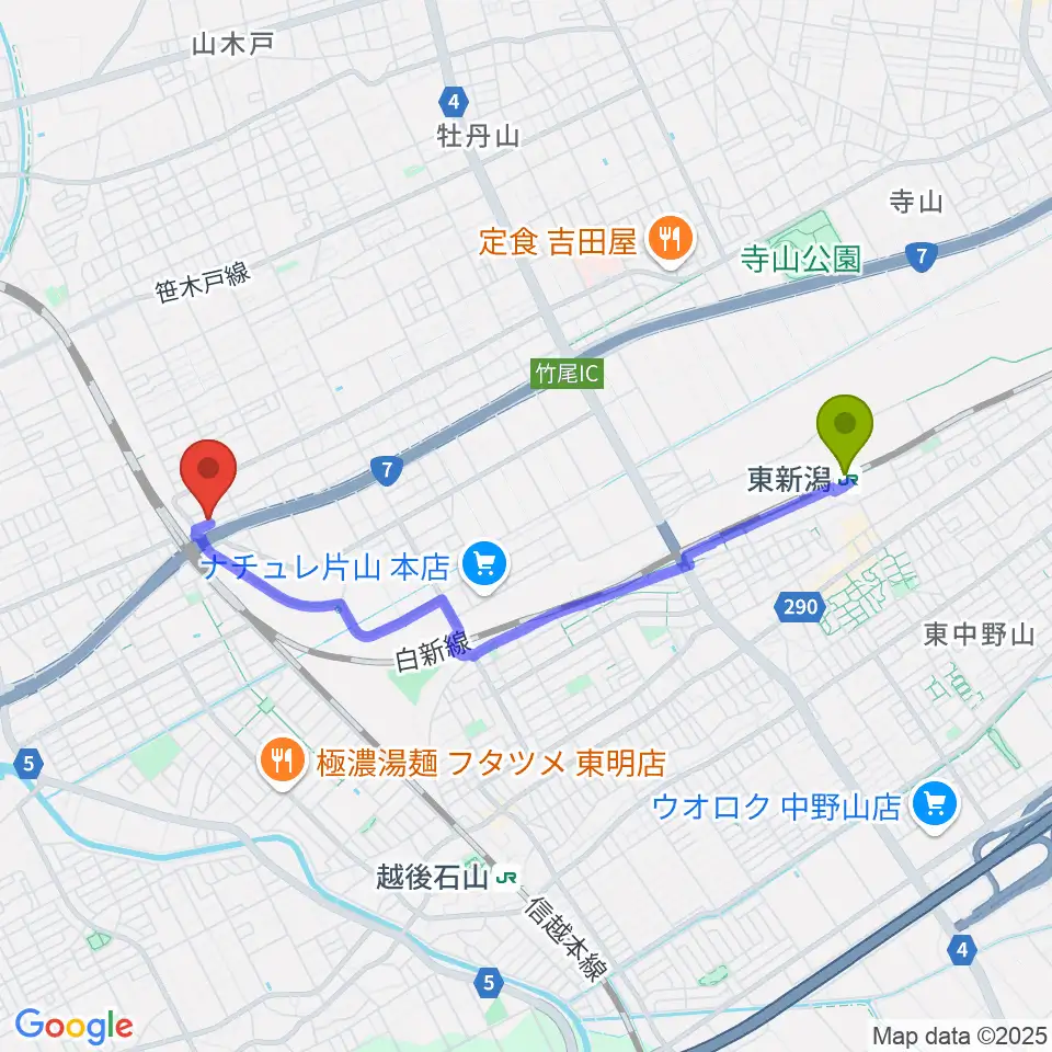 東新潟駅からSTB Studioへのルートマップ地図