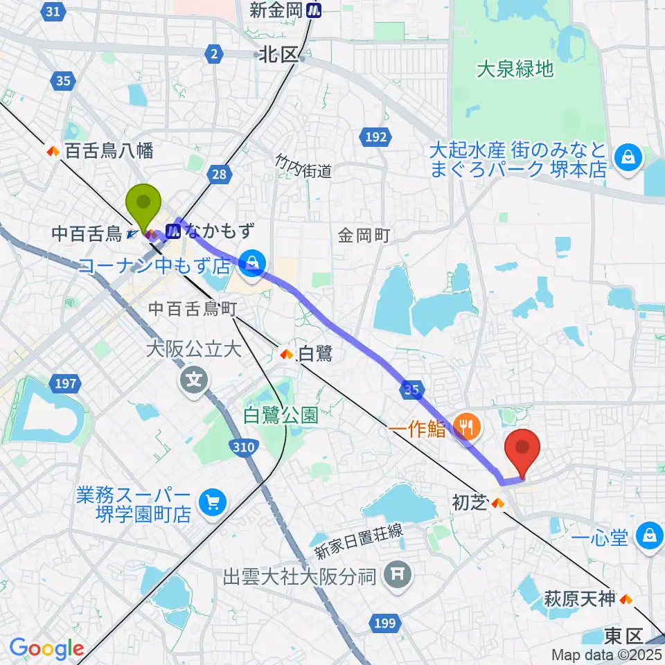 中百舌鳥駅から堺グランドピアノサロン 風の音へのルートマップ地図
