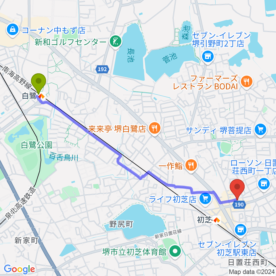 白鷺駅から堺グランドピアノサロン 風の音へのルートマップ地図