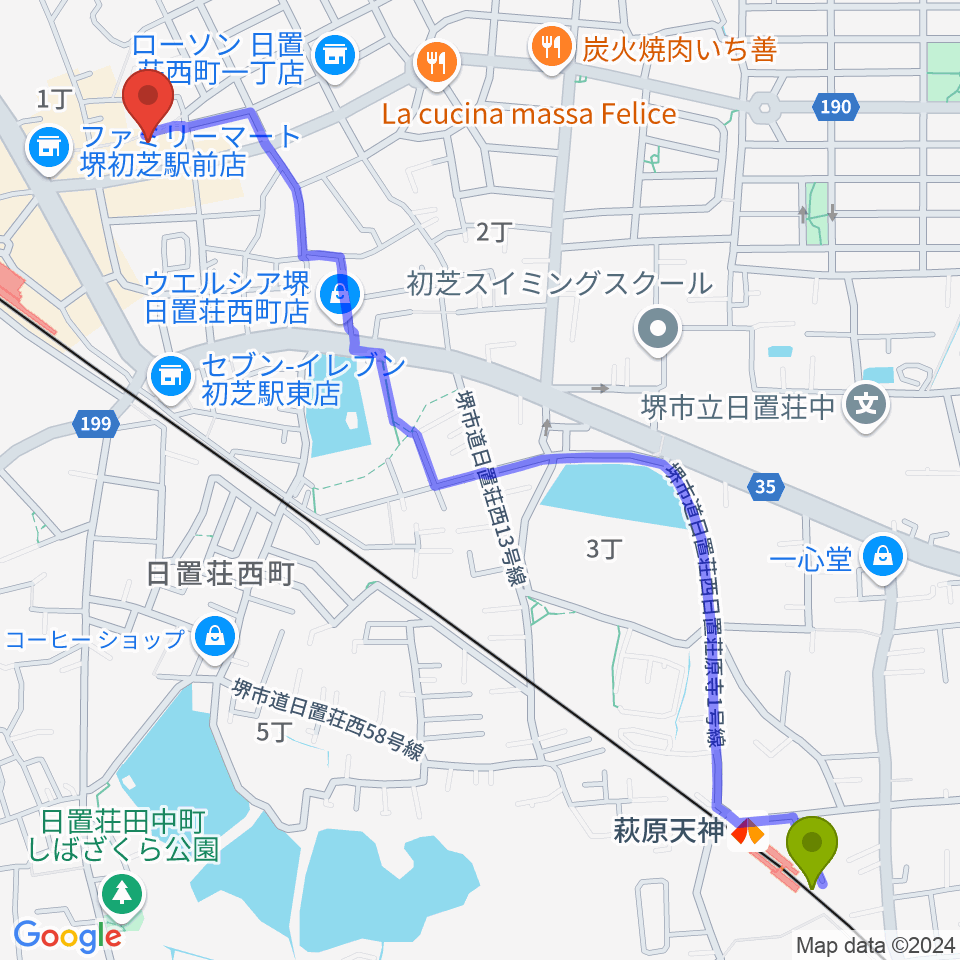 萩原天神駅から堺グランドピアノサロン 風の音へのルートマップ地図