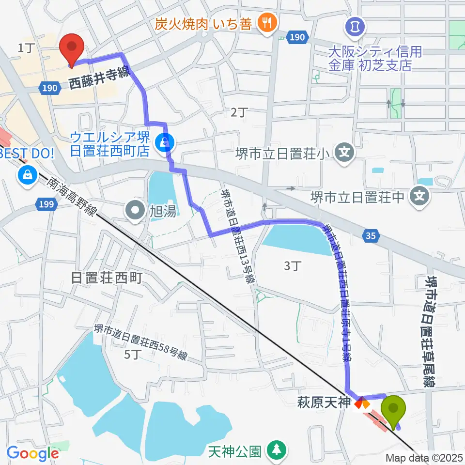 萩原天神駅から堺グランドピアノサロン 風の音へのルートマップ地図