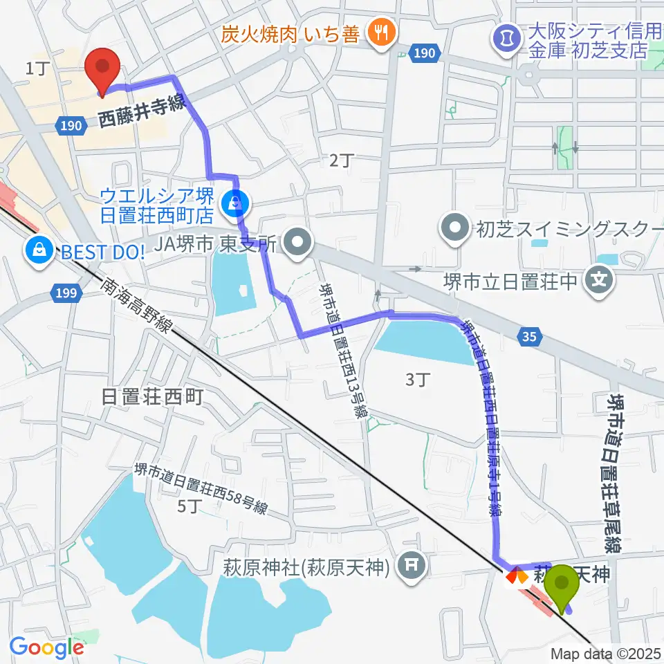 萩原天神駅から堺グランドピアノサロン 風の音へのルートマップ地図