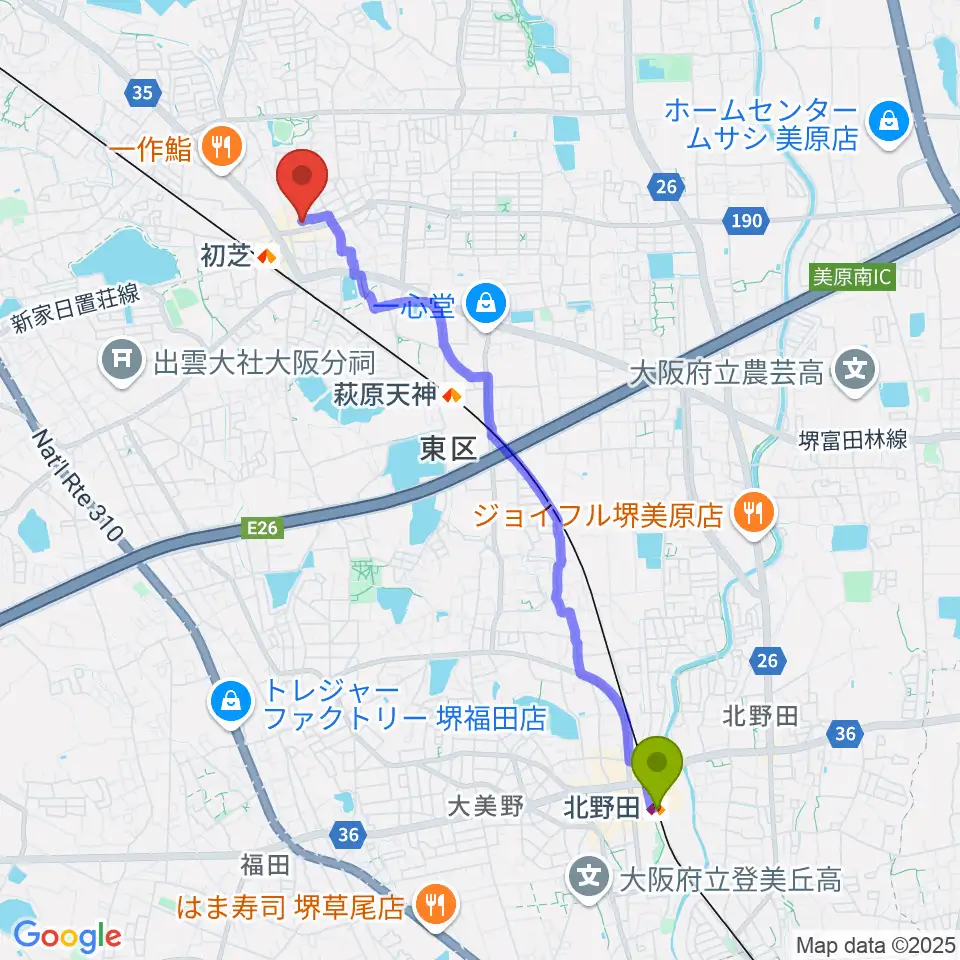 北野田駅から堺グランドピアノサロン 風の音へのルートマップ地図