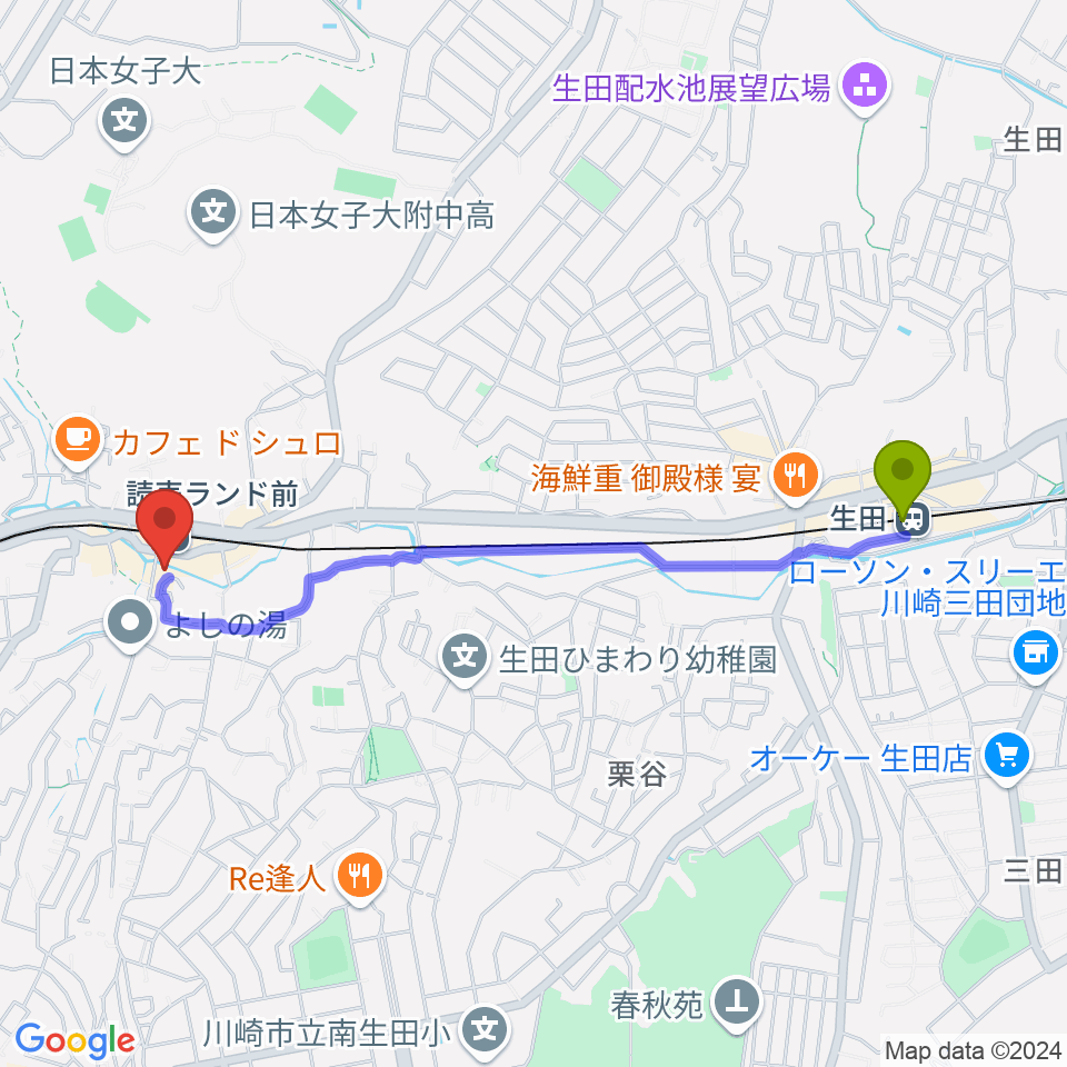 生田駅からmasa2sets 読売ランド店へのルートマップ地図