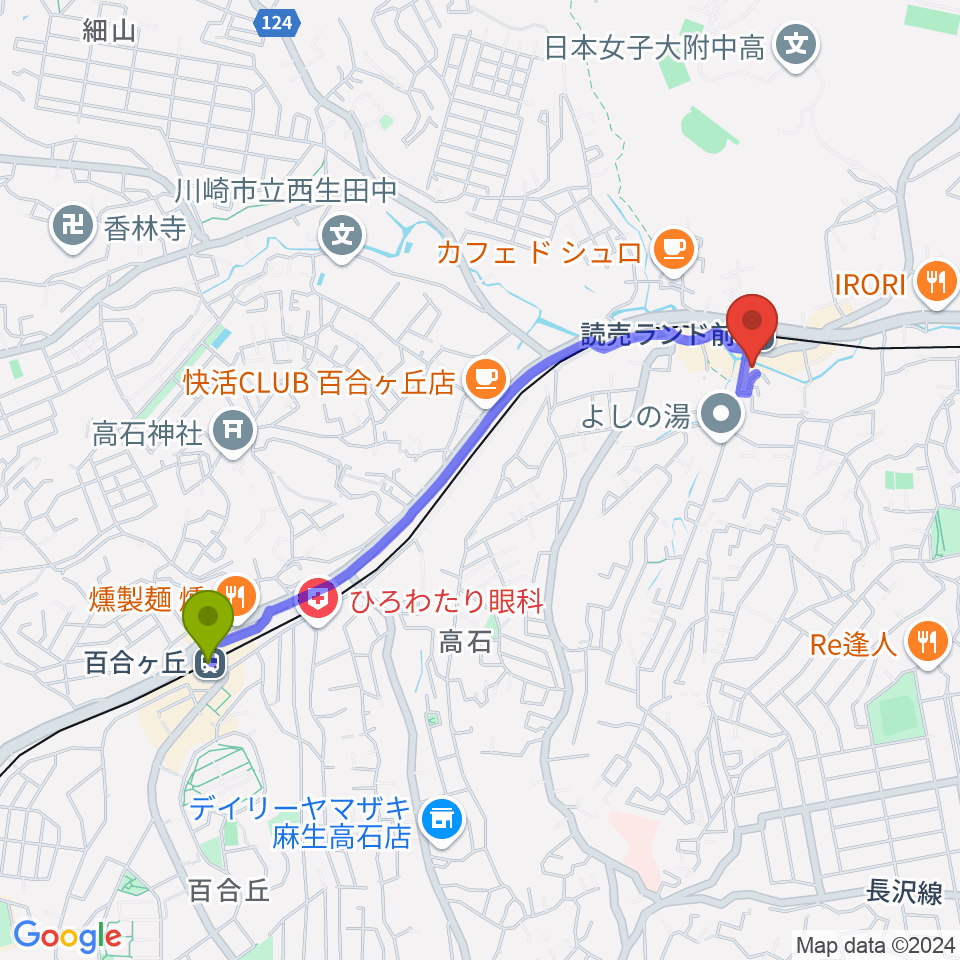 百合ヶ丘駅からmasa2sets 読売ランド店へのルートマップ地図