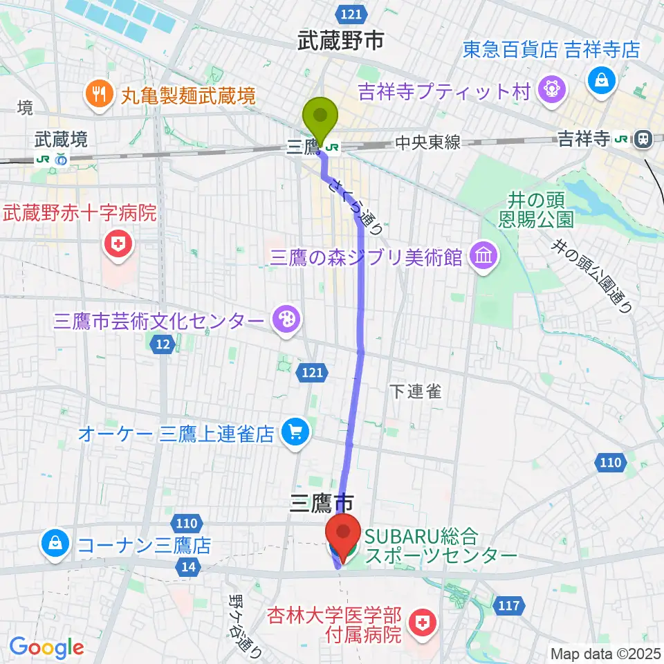 SUBARU総合スポーツセンターの最寄駅三鷹駅からの徒歩ルート（約39分）地図